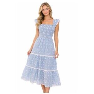 STS Sail To Sable Womens Floral Eyelet Tiered Lace Smocked Dress Blue Small